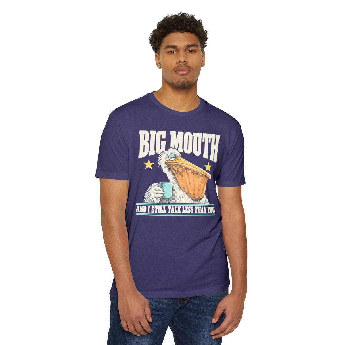Purple crew-neck t-shirt with front pelican coffee graphic and text print.