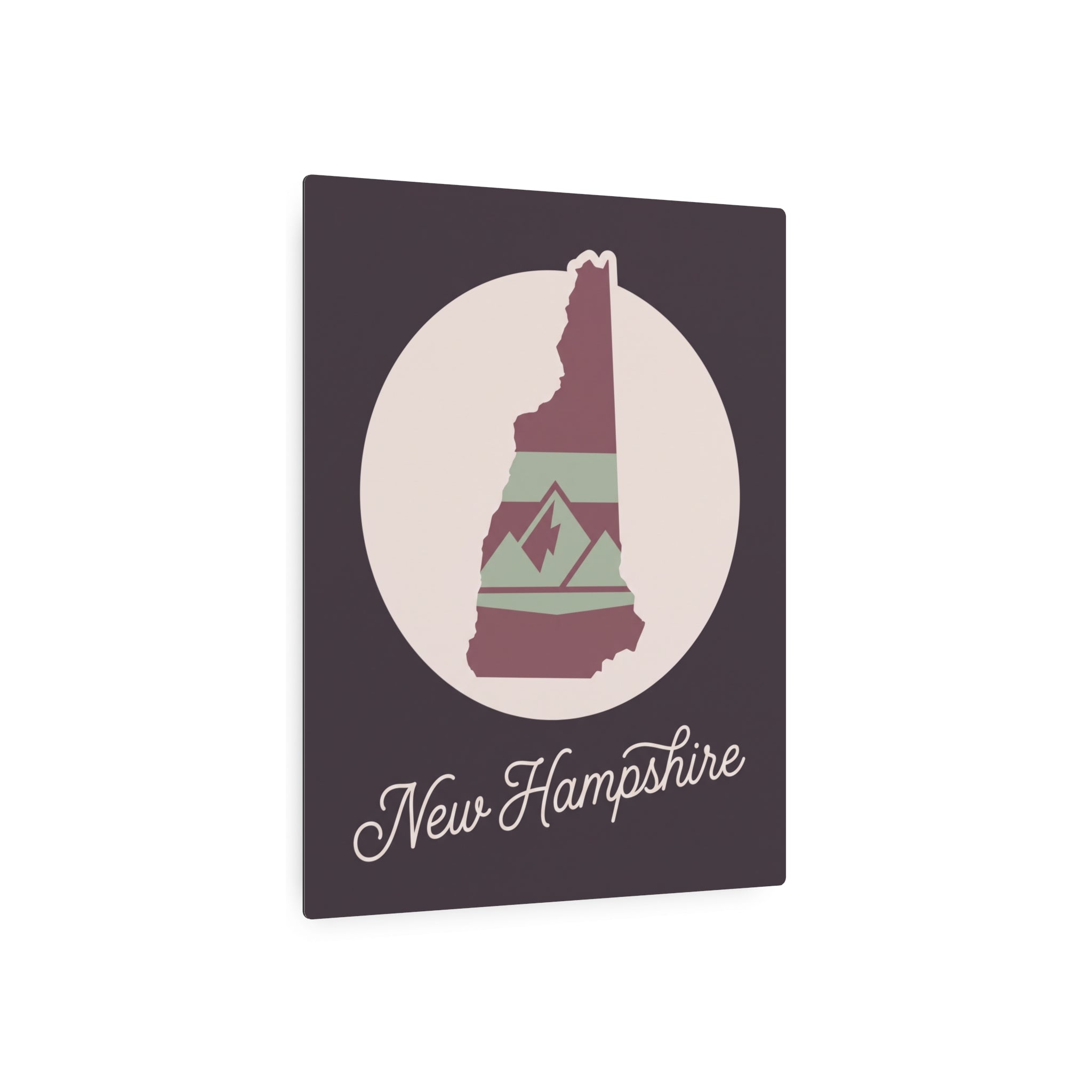 Square New Hampshire metal wall art sign with circular silhouette and mauve script