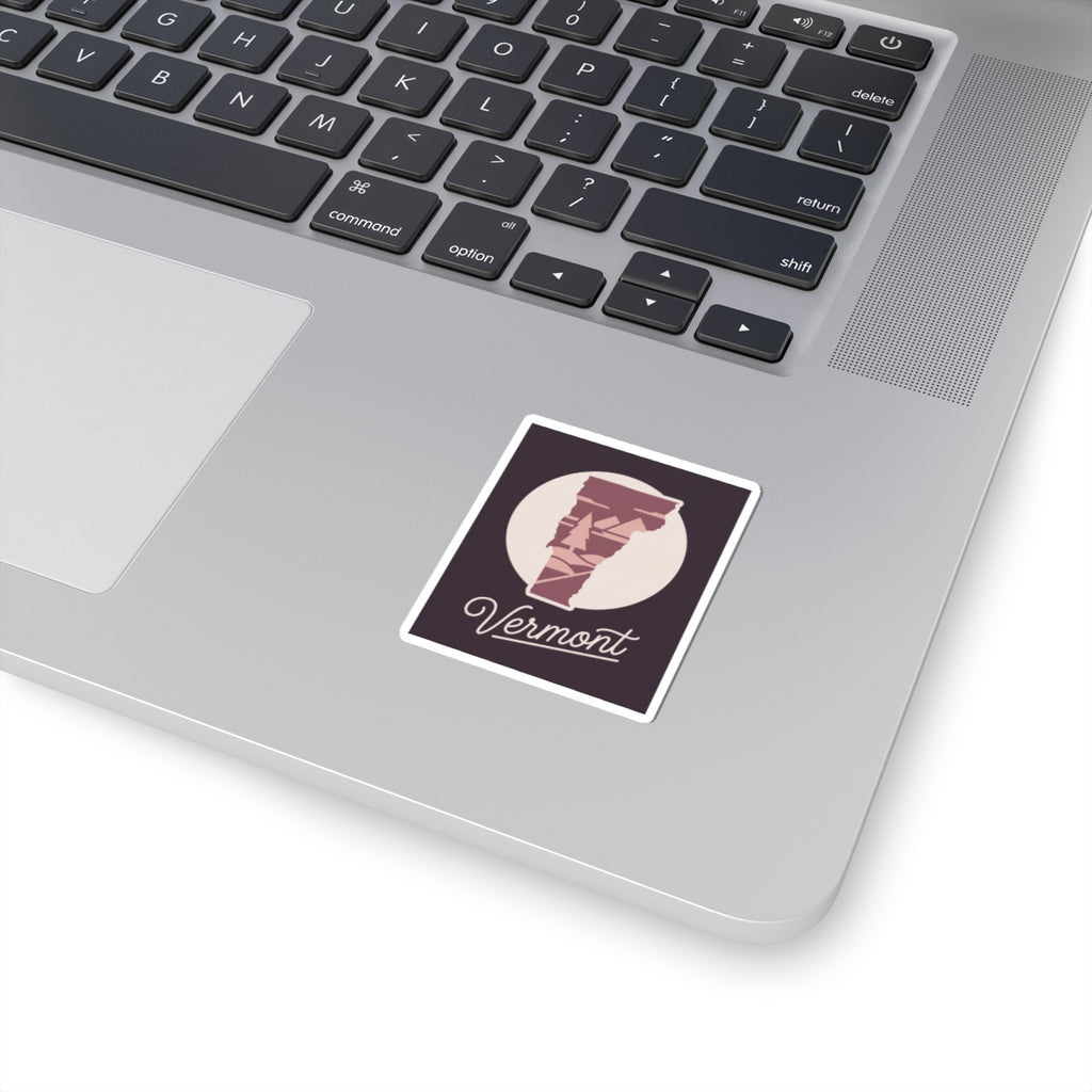 Vermont state silhouette kiss-cut decal, square white border with maroon Vermont text