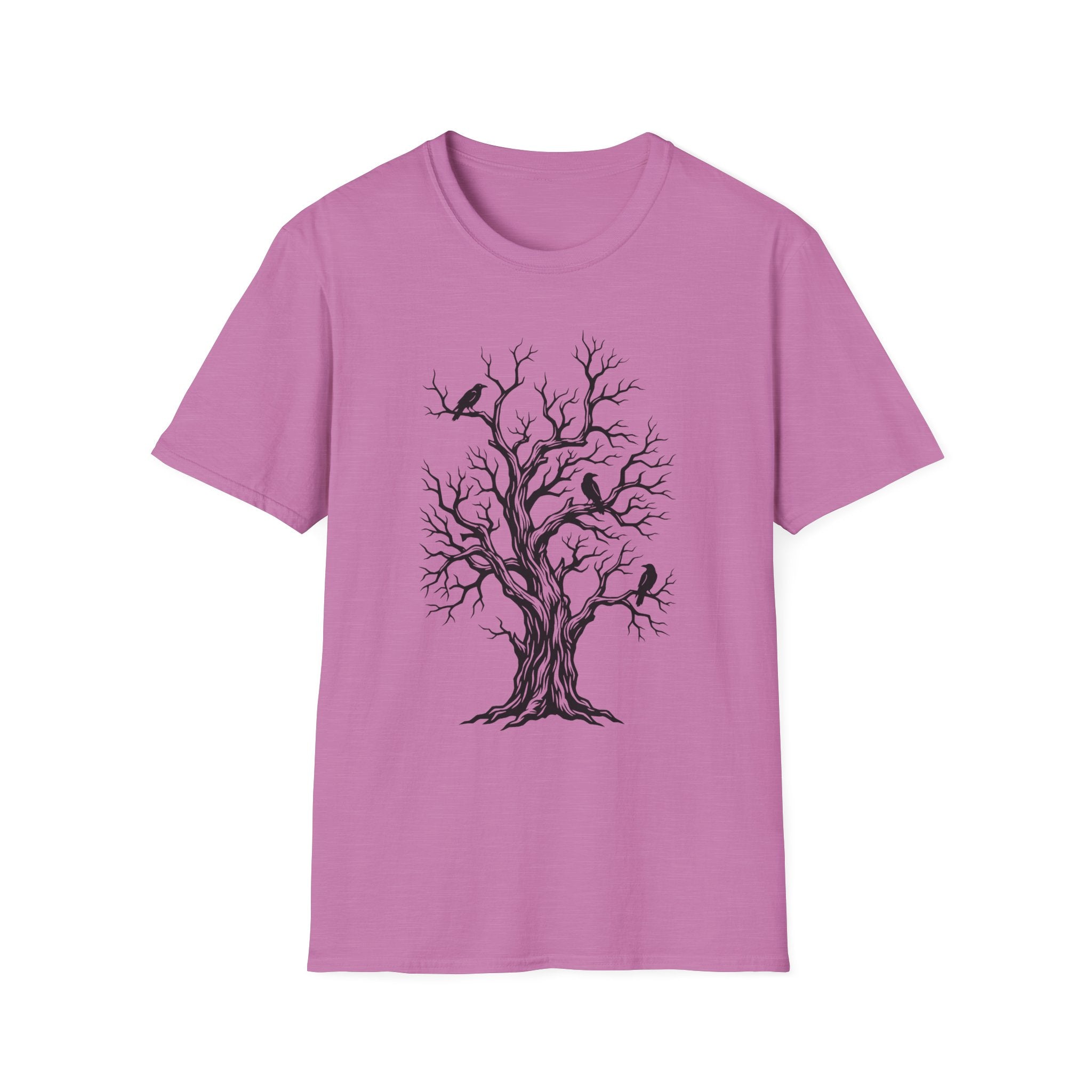 Heather purple T-shirt with bare tree and black crow graphic print