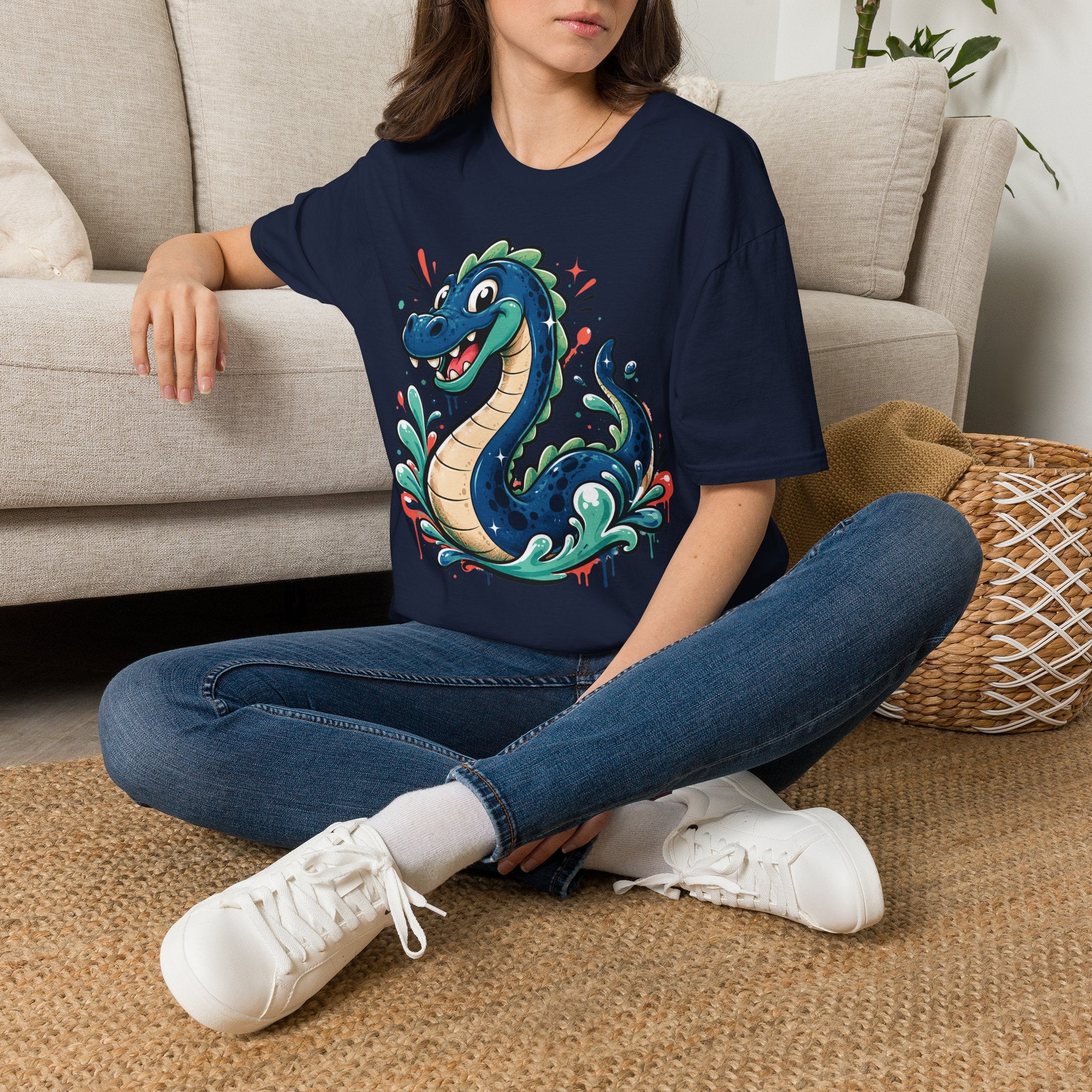 Navy sea serpent graphic T-shirt on model, short sleeves, crew neck