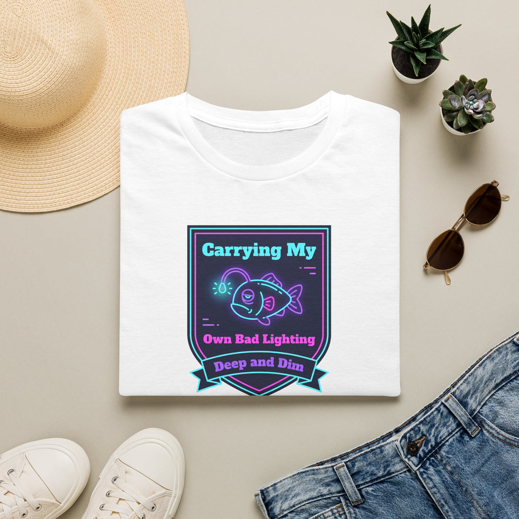 White T-shirt with neon anglerfish graphic and ribbon text, front view