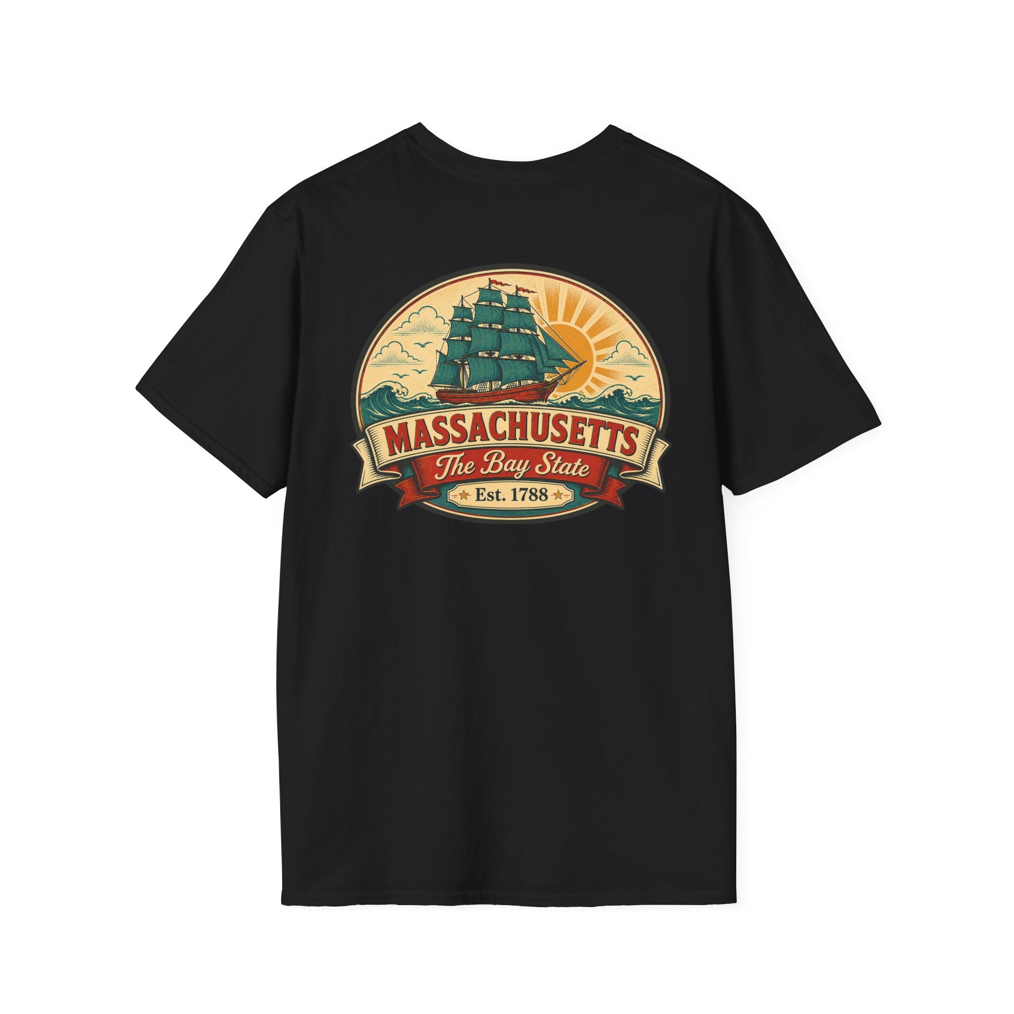 Black Massachusetts T-shirt with circular Bay State logo graphic on front