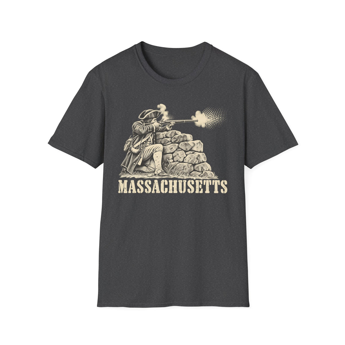 Dark charcoal T-shirt with front graphic of colonial patriot behind stone wall
