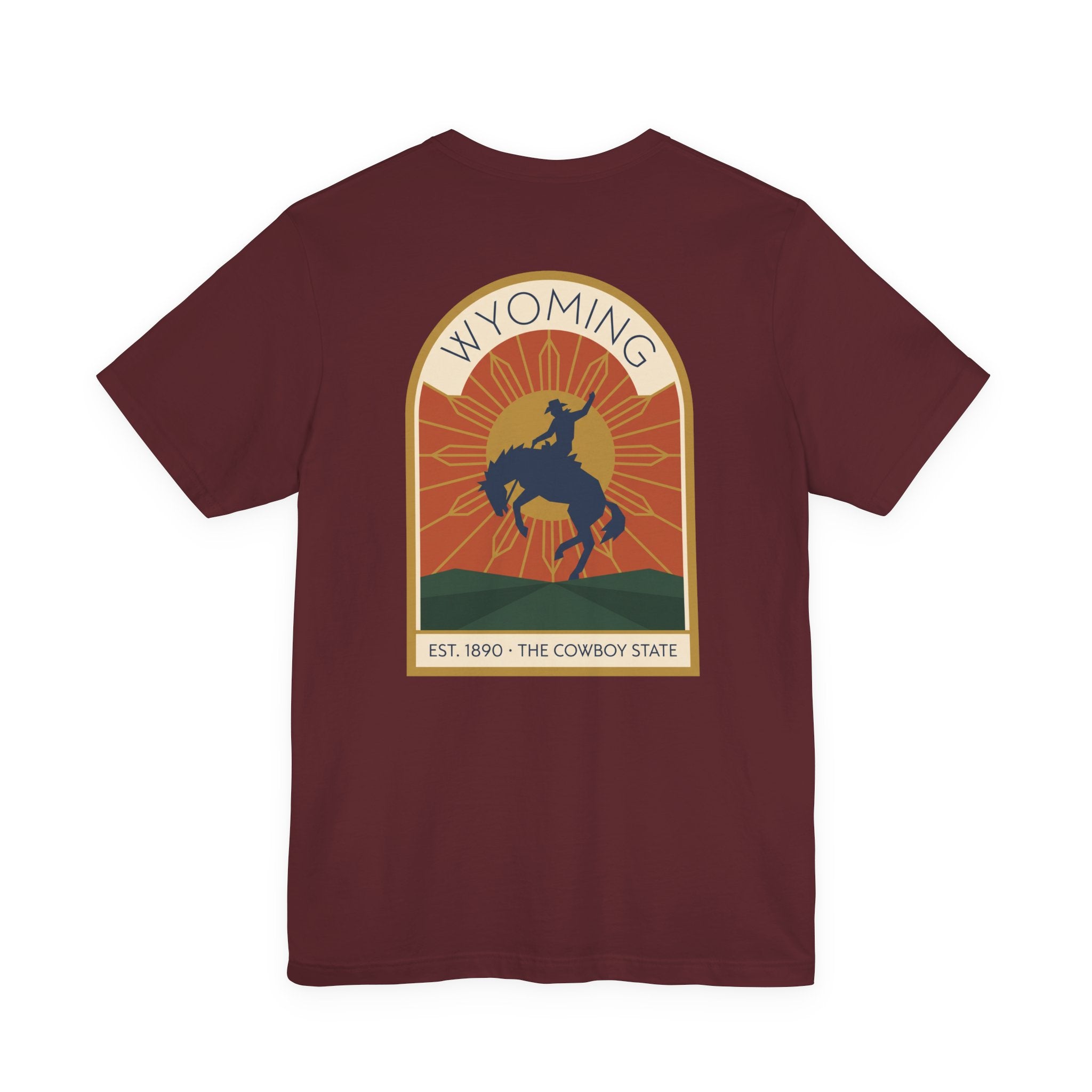 Maroon crew-neck T-shirt with large Wyoming rodeo bucking bronco graphic on chest
