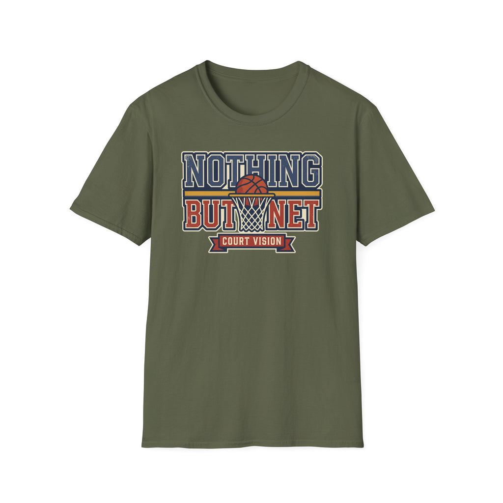 Military green basketball T-shirt with “Nothing But Net” court vision graphic, flat front