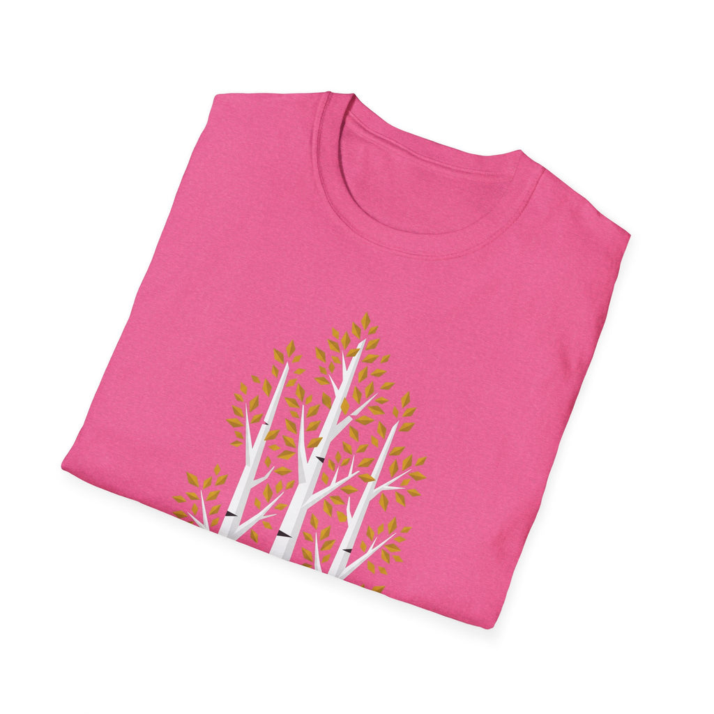 Pink T-shirt front featuring two birch trees with autumn leaves in gold tones