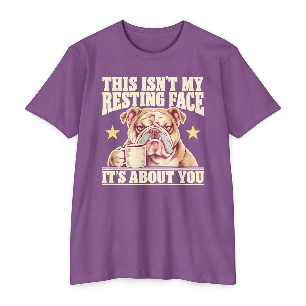 Purple crew-neck T-shirt with bulldog holding a coffee mug graphic on front.