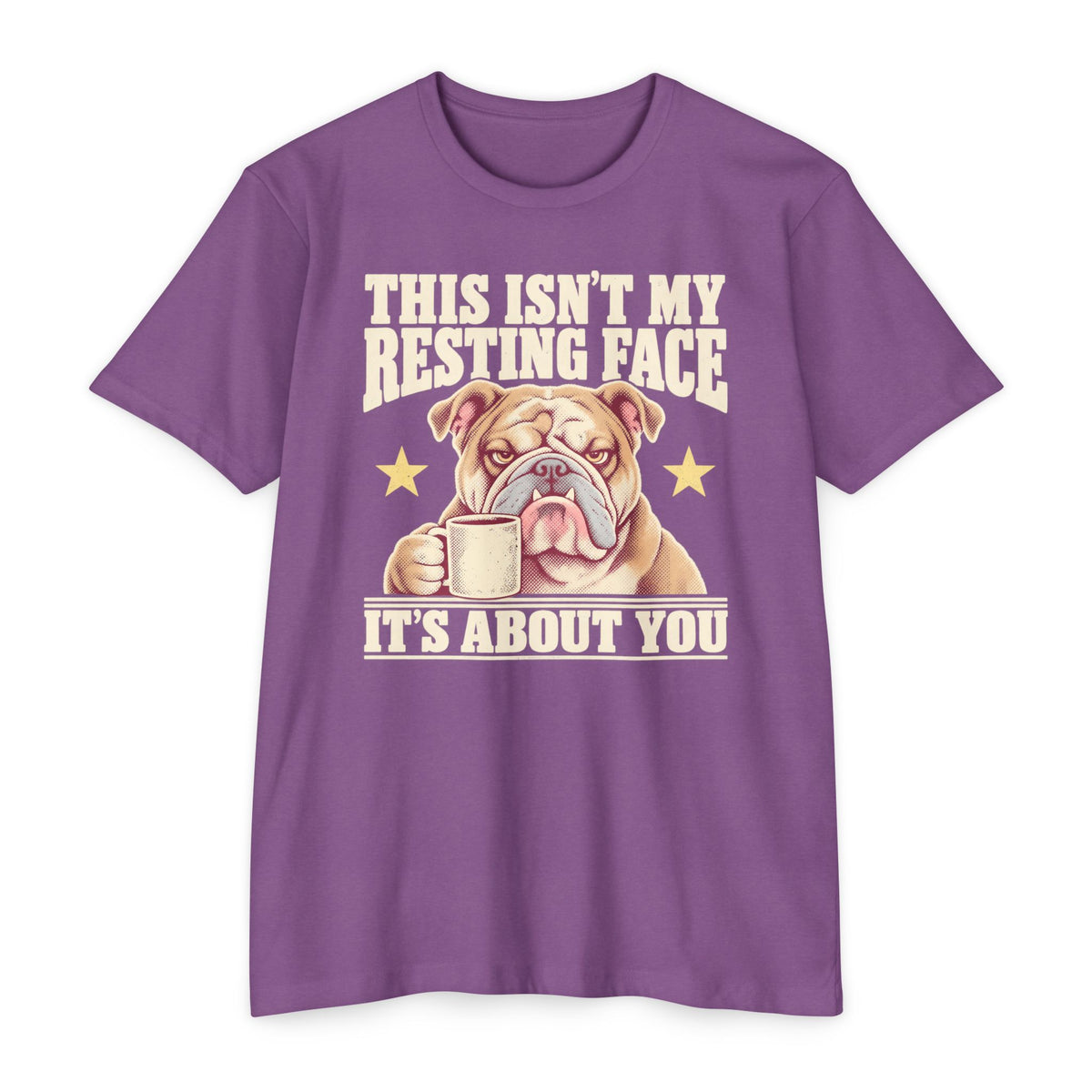 Purple crew-neck T-shirt with bulldog holding a coffee mug graphic on front.