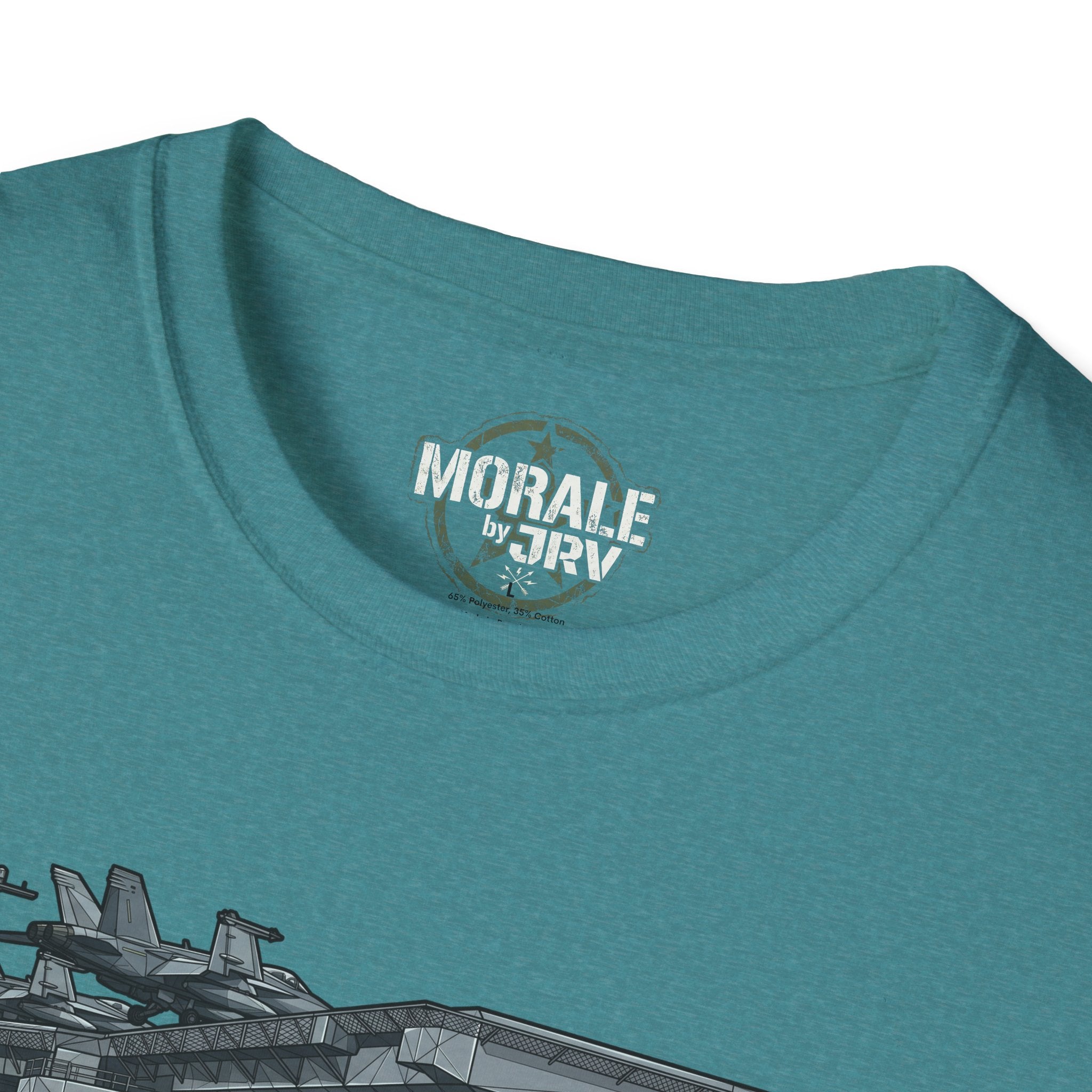 Teal crew-neck T-shirt: 'MORALE by TRV' neck print and ship artwork