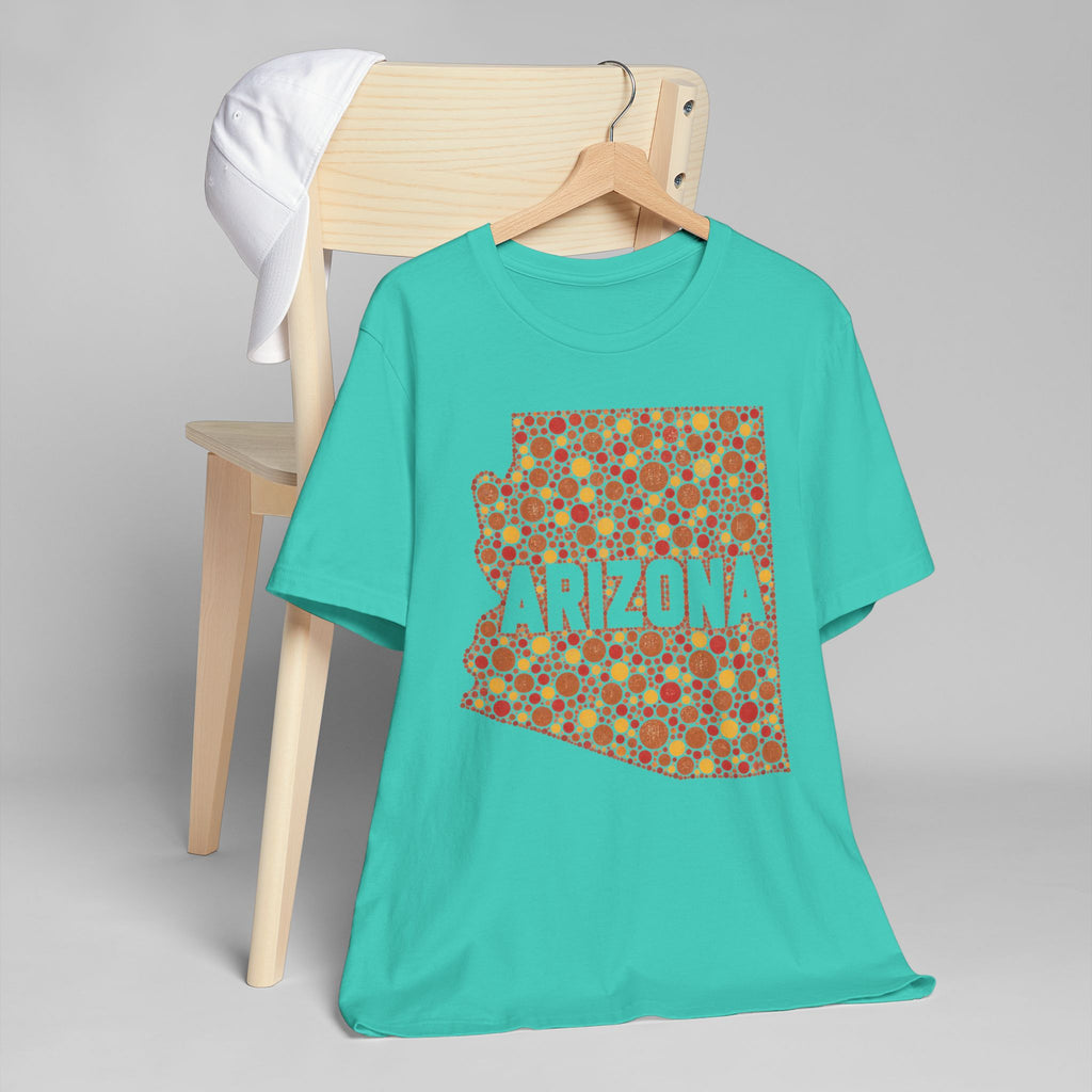 Turquoise crewneck T-shirt with orange ARIZONA graphic map pattern on front