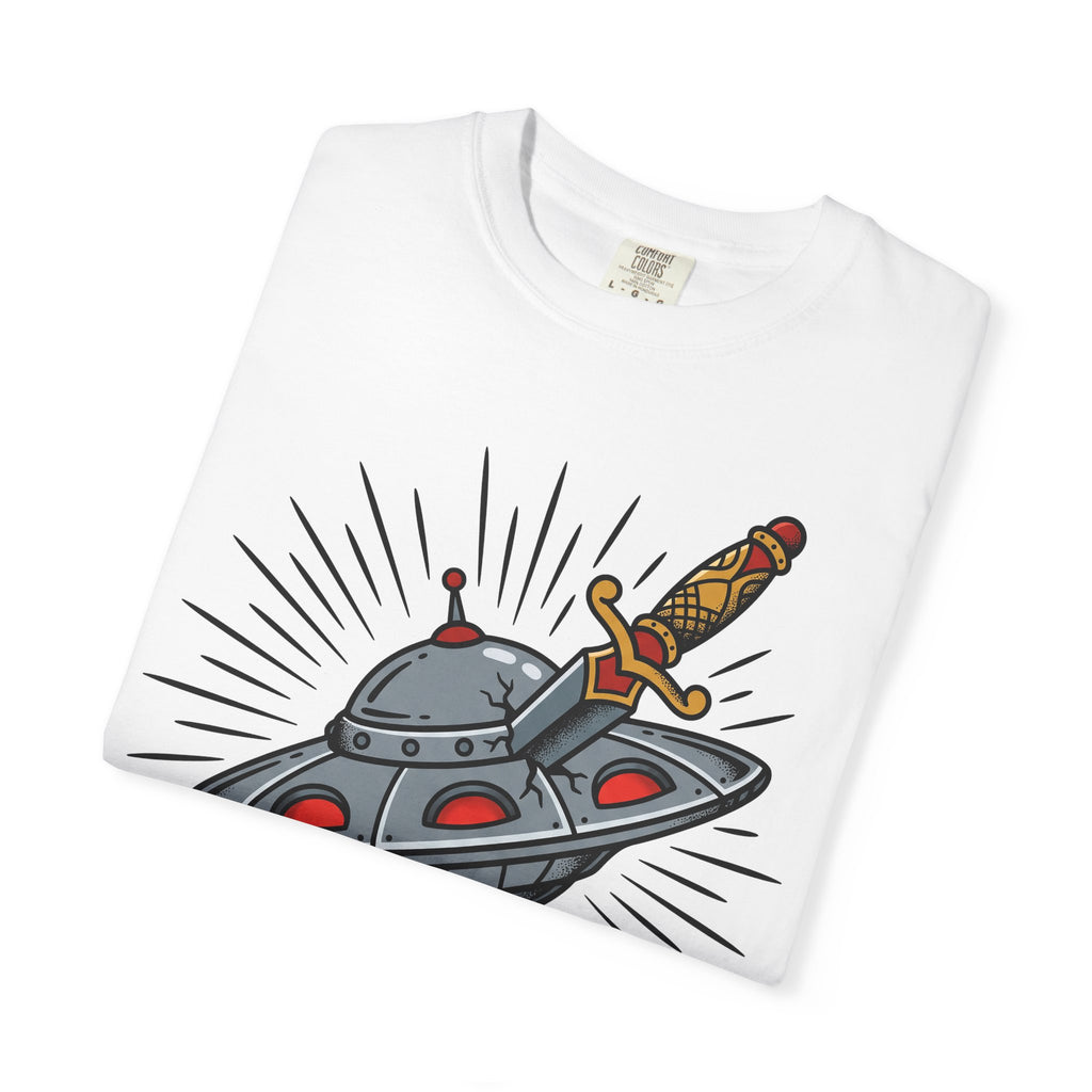 White graphic T-shirt with UFO and dagger “No Trespassing” print