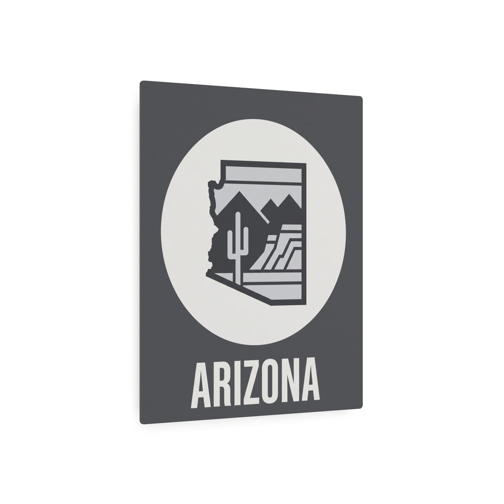 Dark gray square metal wall art with white circle, Arizona desert cactus silhouette, “ARIZONA”