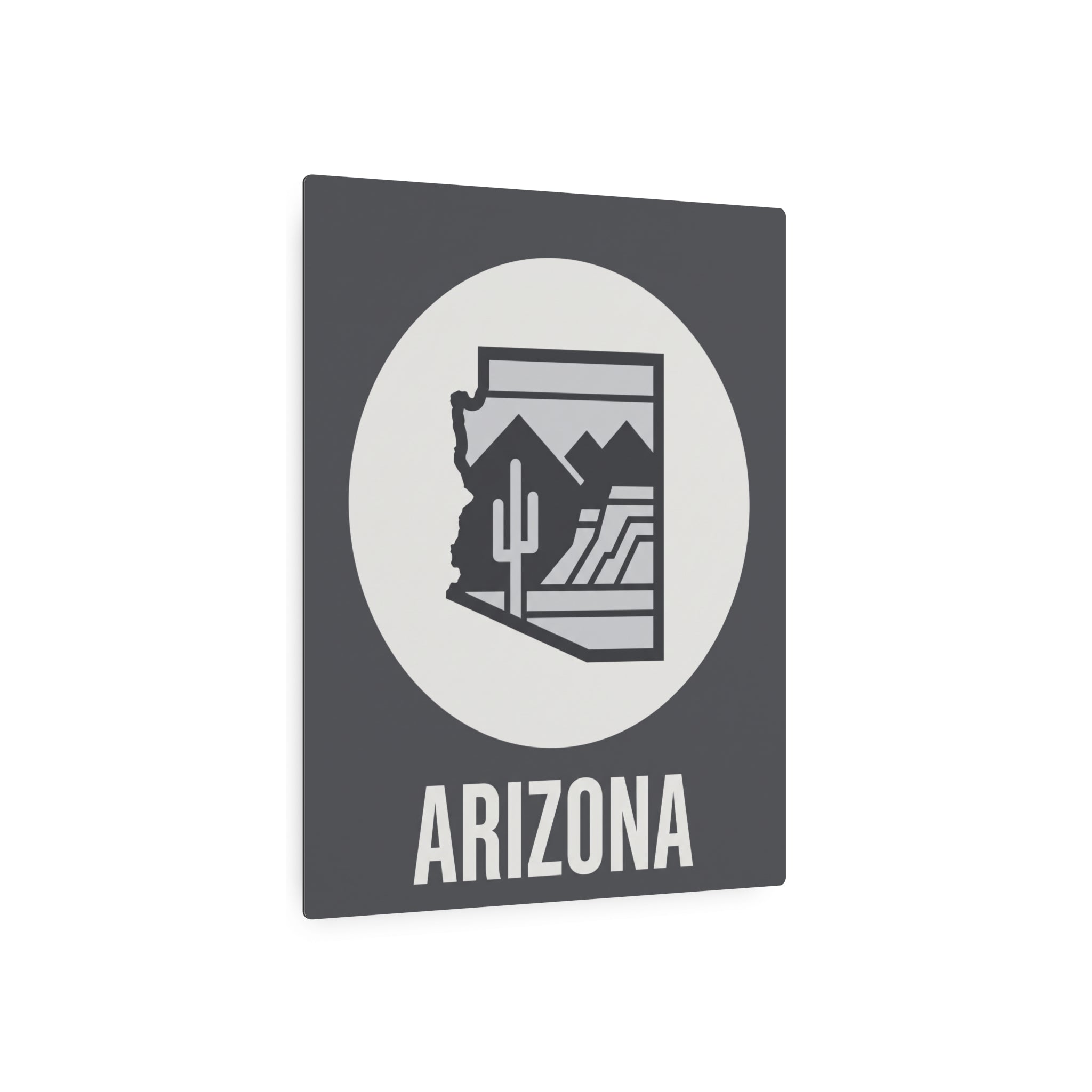 Dark gray square metal wall art with white circle, Arizona desert cactus silhouette, “ARIZONA”