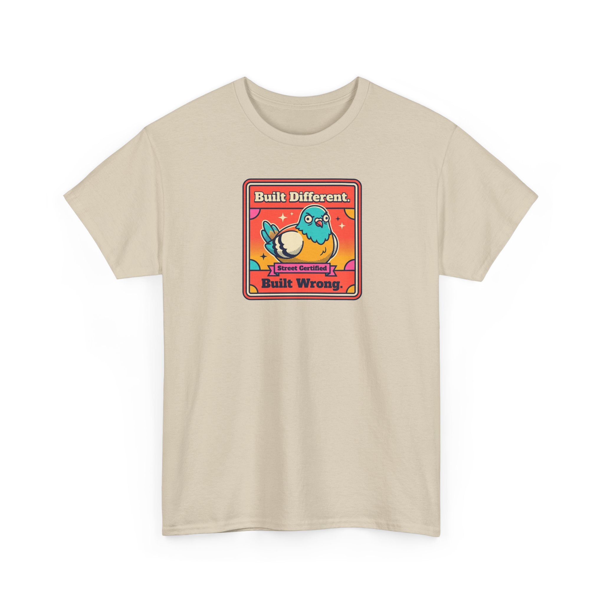 Sand graphic T-shirt with bird logo in a red-bordered square on the chest
