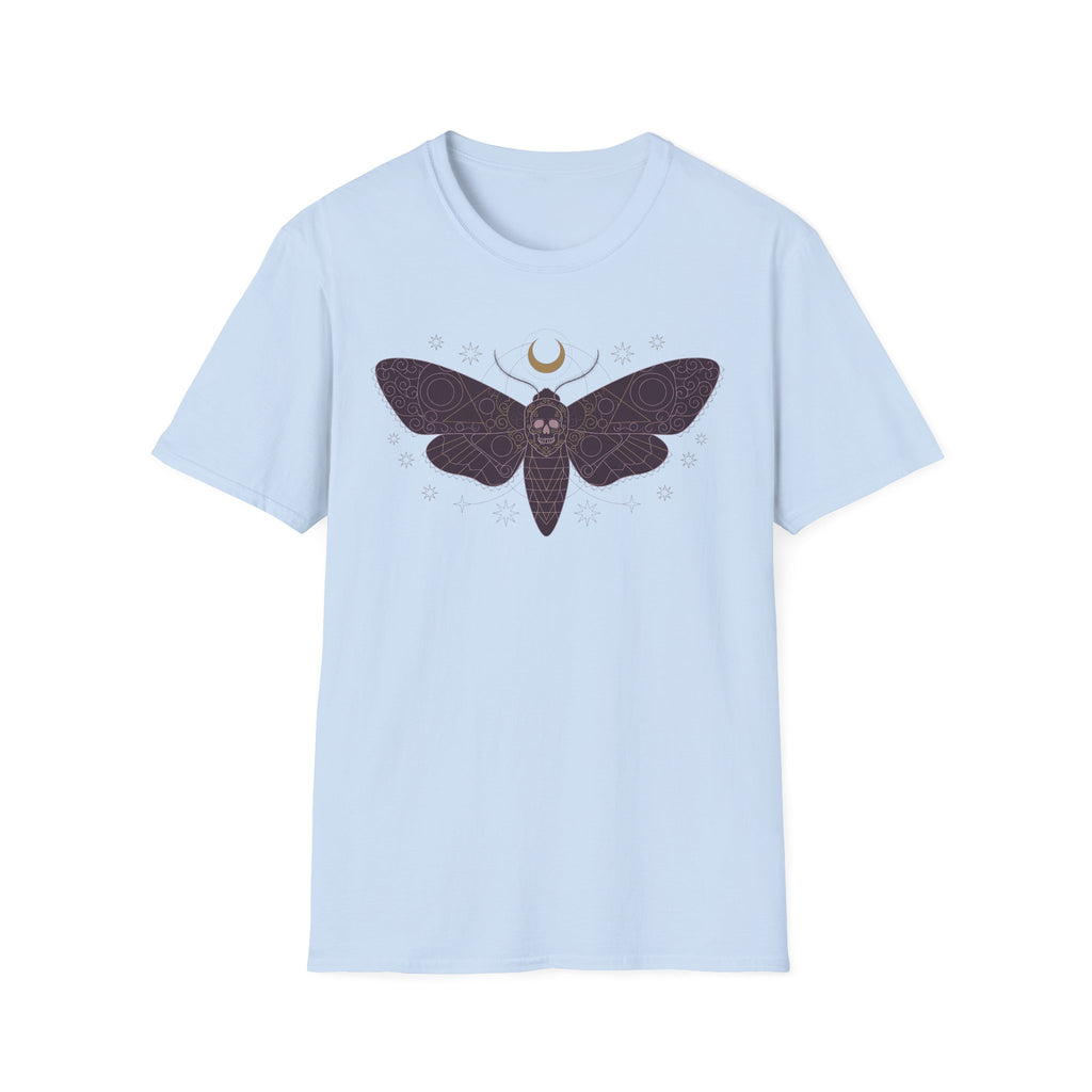 Light blue T-shirt with moth skull and crescent moon graphic