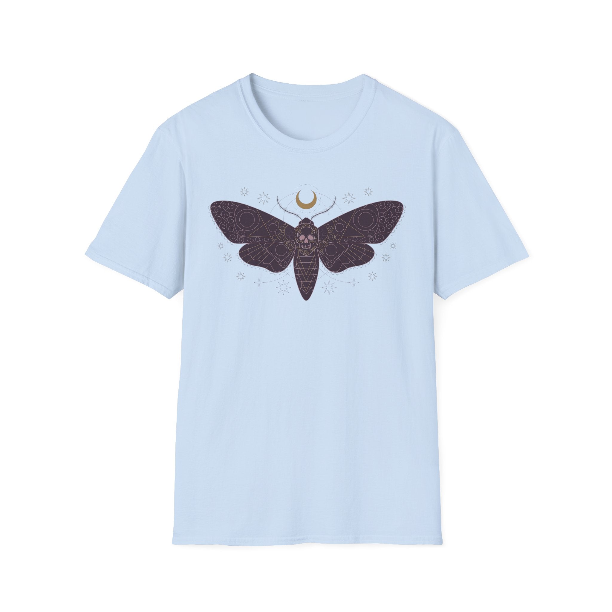 Light blue T-shirt with moth skull and crescent moon graphic