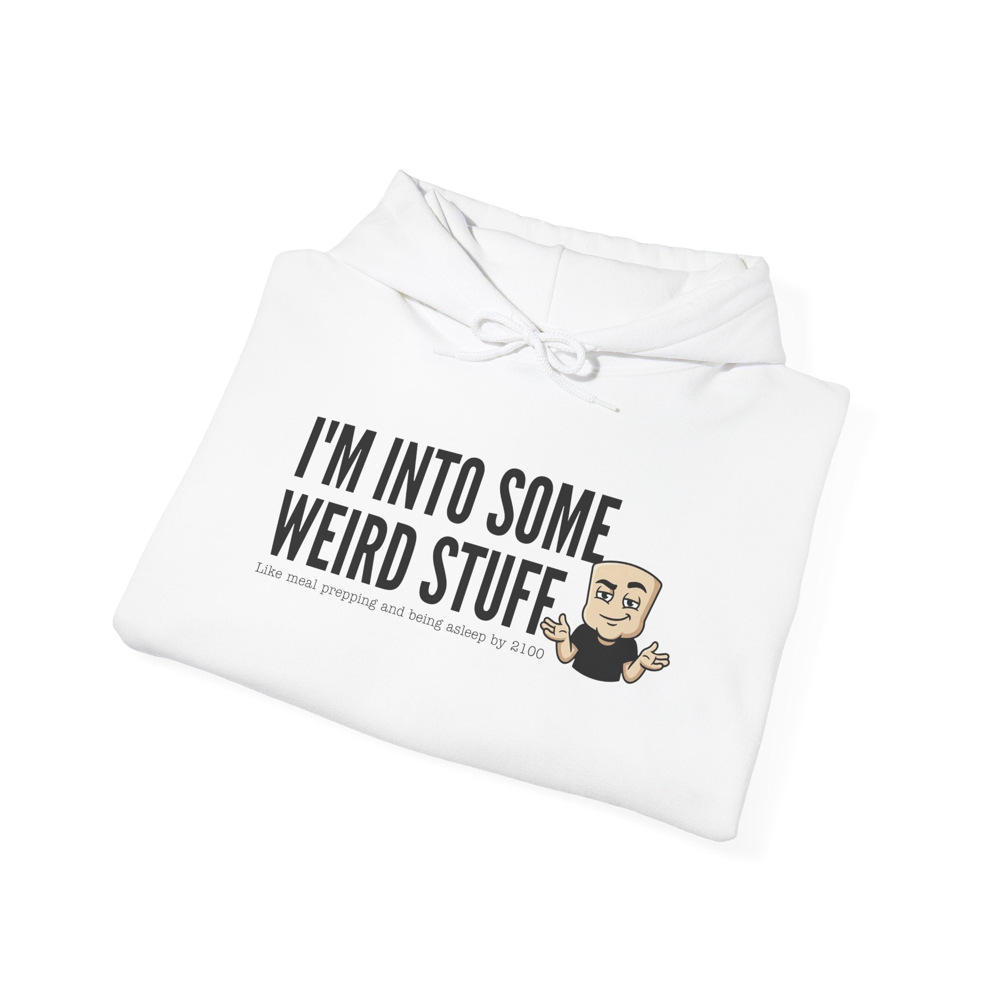 White hoodie sweatshirt with front graphic text and small cartoon face