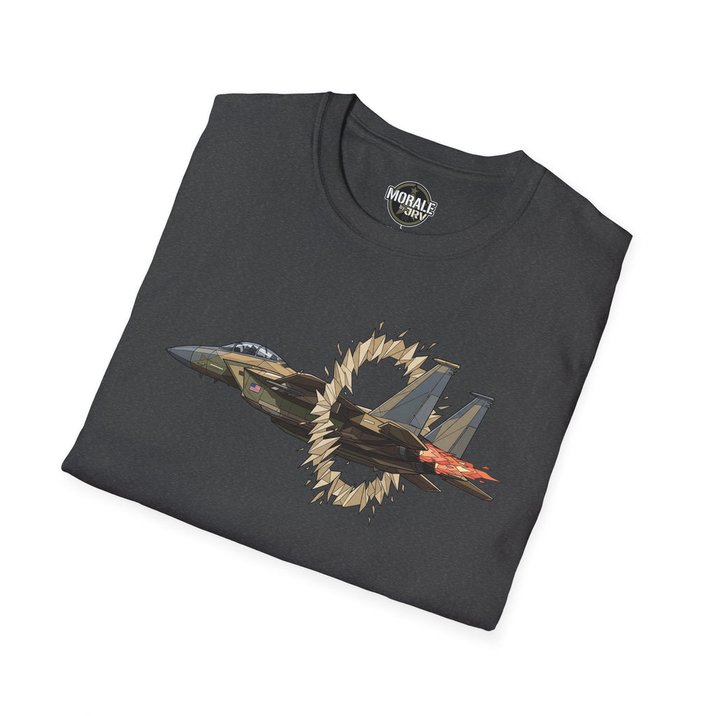 Dark gray crew-neck T-shirt with fighter jet and flame-burst design