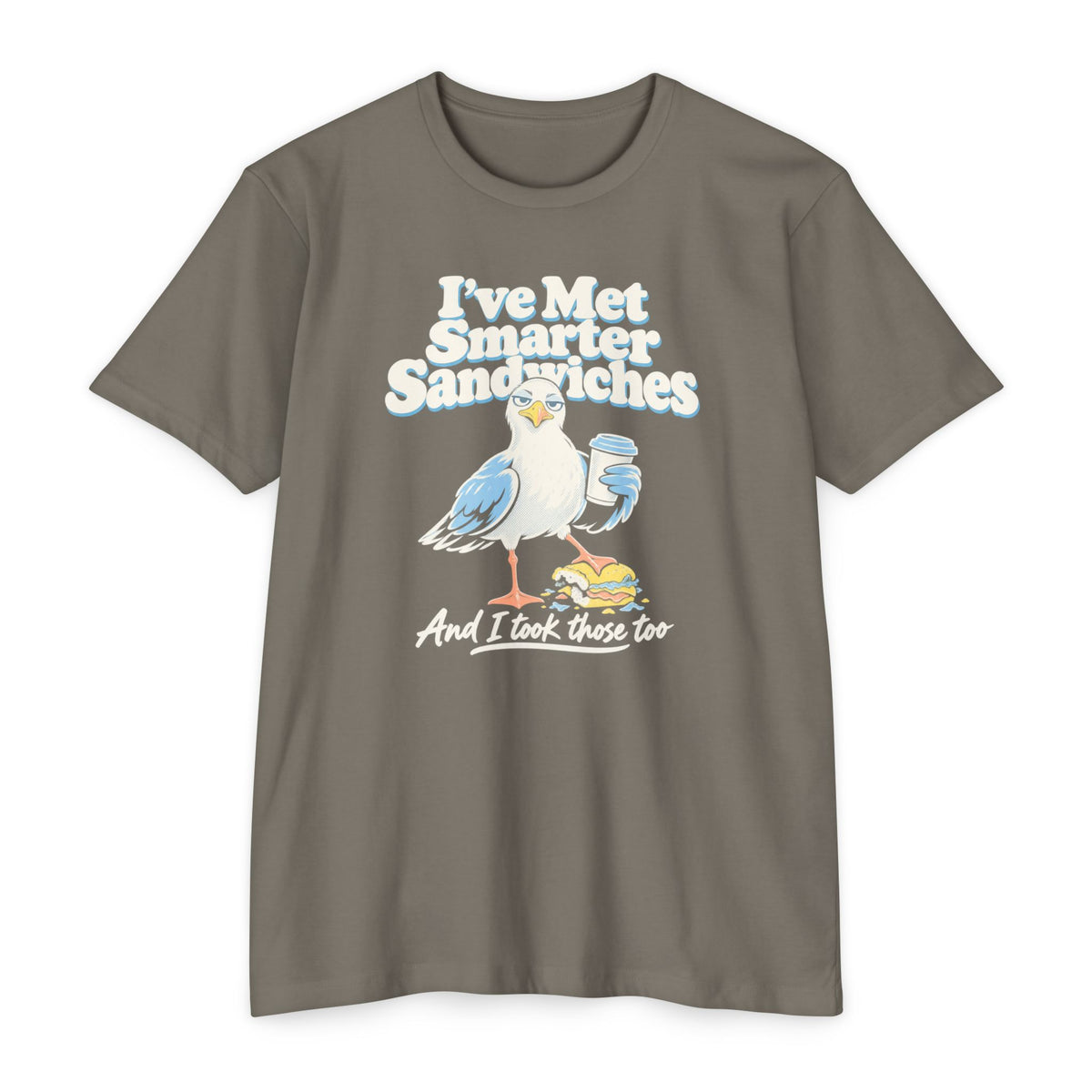 Gray crewneck T-shirt with seagull graphic and text “I’ve Met Smarter Sandwiches”