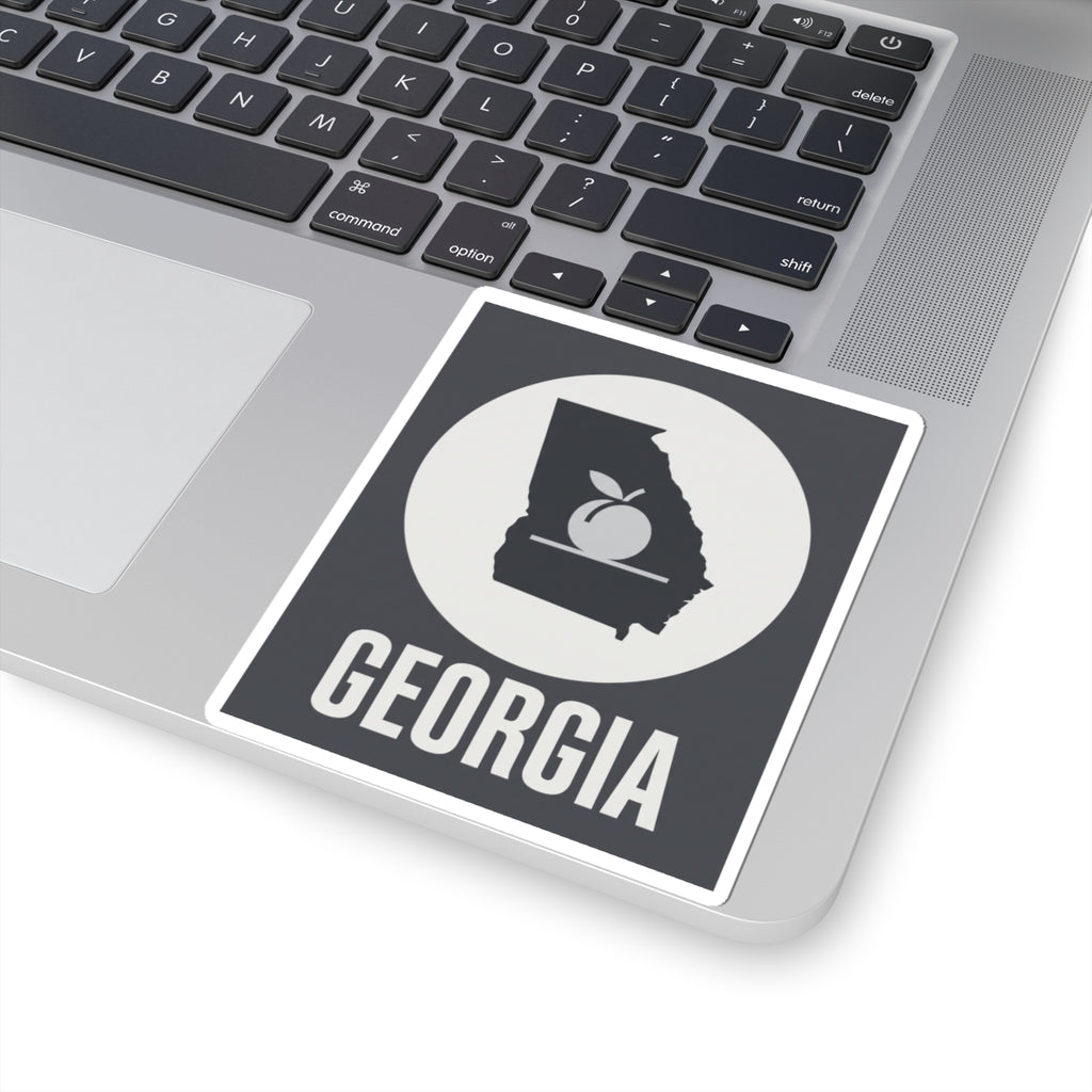 Square vinyl sticker with Georgia lettering and state outline with peach icon in circle.