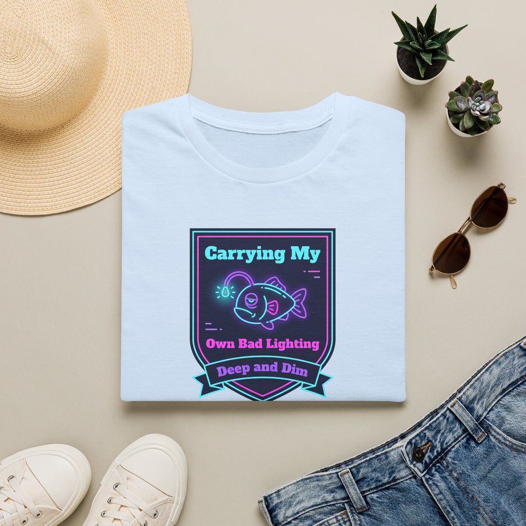 White T-shirt with neon anglerfish graphic and ribbon text, front view
