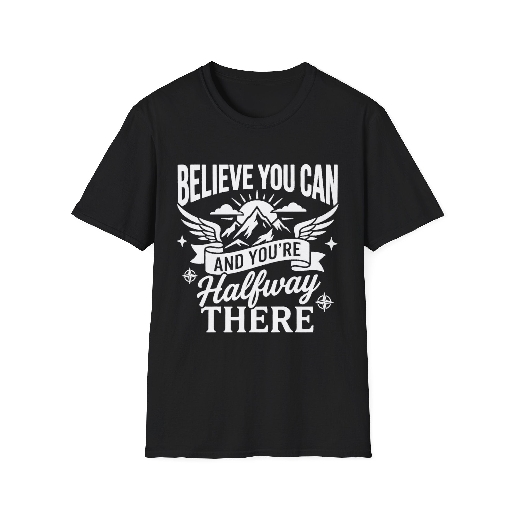 Black t-shirt with “Believe You Can” mountain hiking quote graphic on front