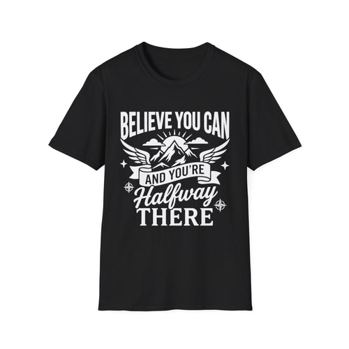 Black t-shirt with “Believe You Can” mountain hiking quote graphic on front