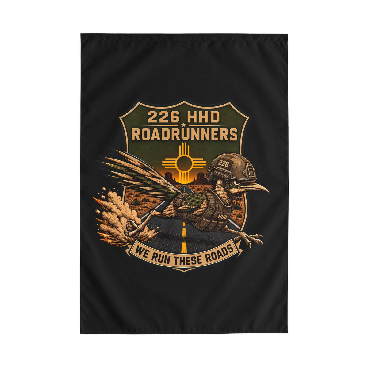 Black vertical flag showing Roadrunners crest above helmeted bird and 'WE RUN THESE ROADS'.