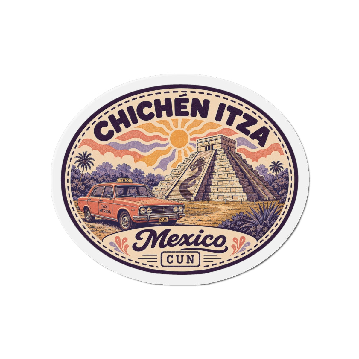 Circular Chichen Itza Mexico sticker magnet with desert landscape and pyramid artwork