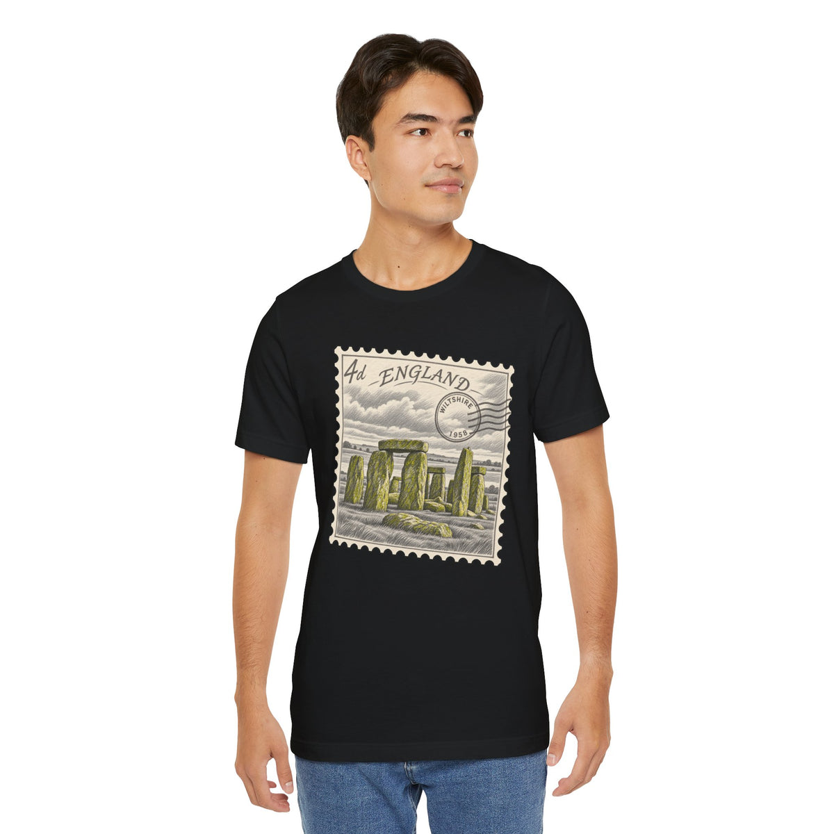 Black short-sleeve t-shirt with England postage stamp graphic printed at center