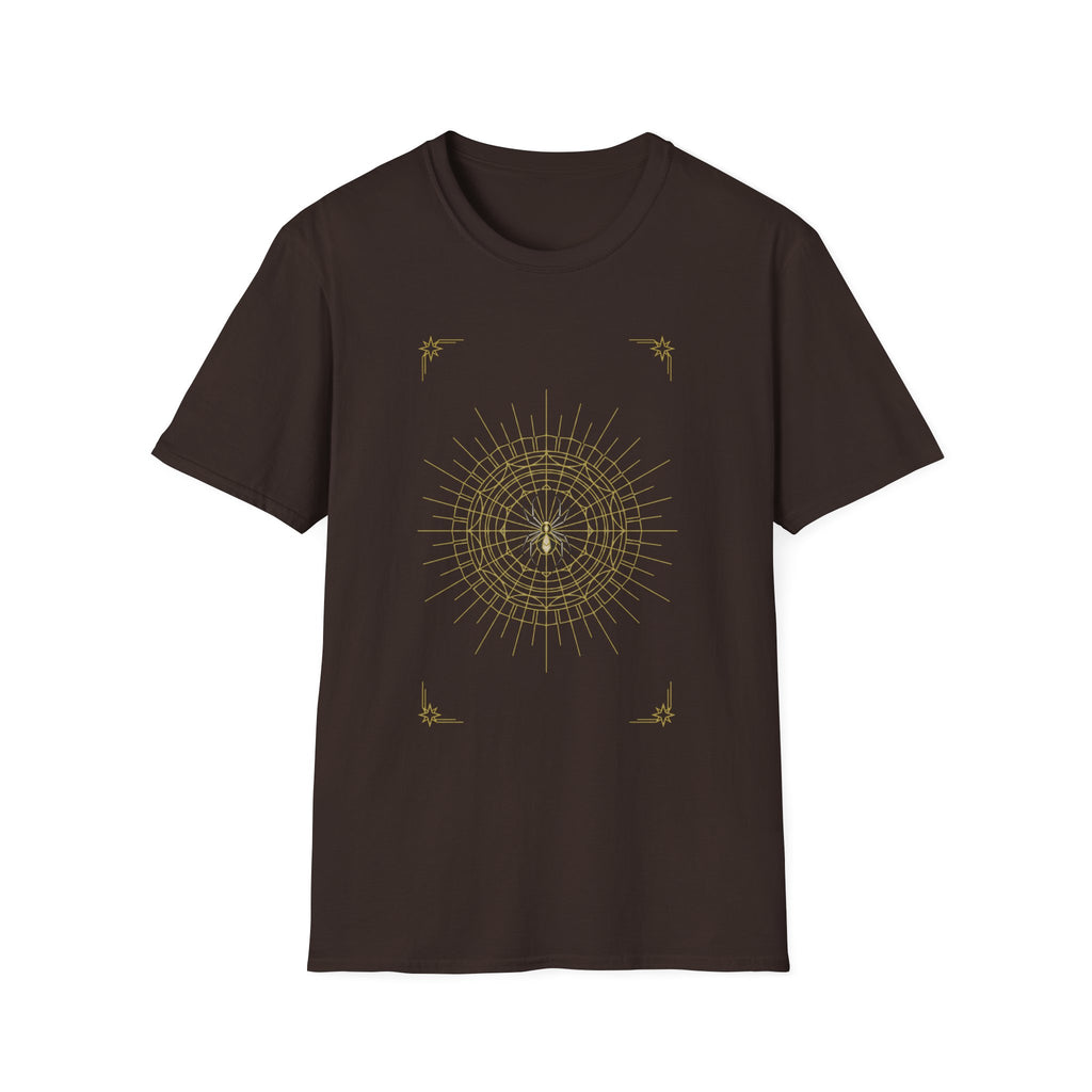 Dark brown crewneck T-shirt featuring a spider mandala web graphic