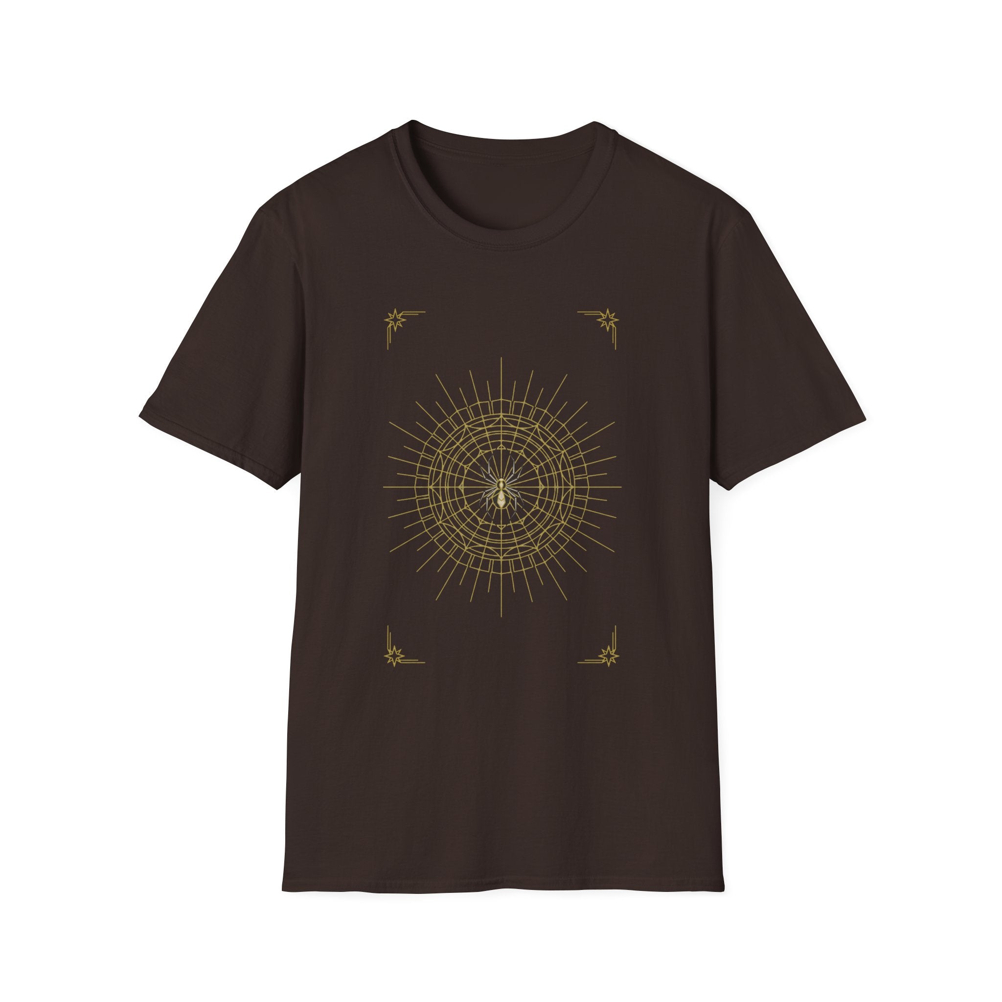 Dark brown crewneck T-shirt featuring a spider mandala web graphic