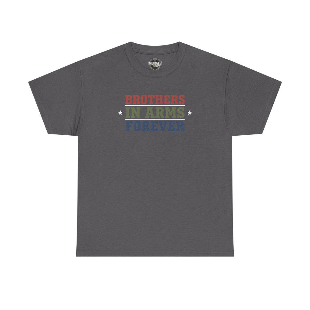 Charcoal T-shirt with 'Brothers in Arms Forever' retro block text and stars