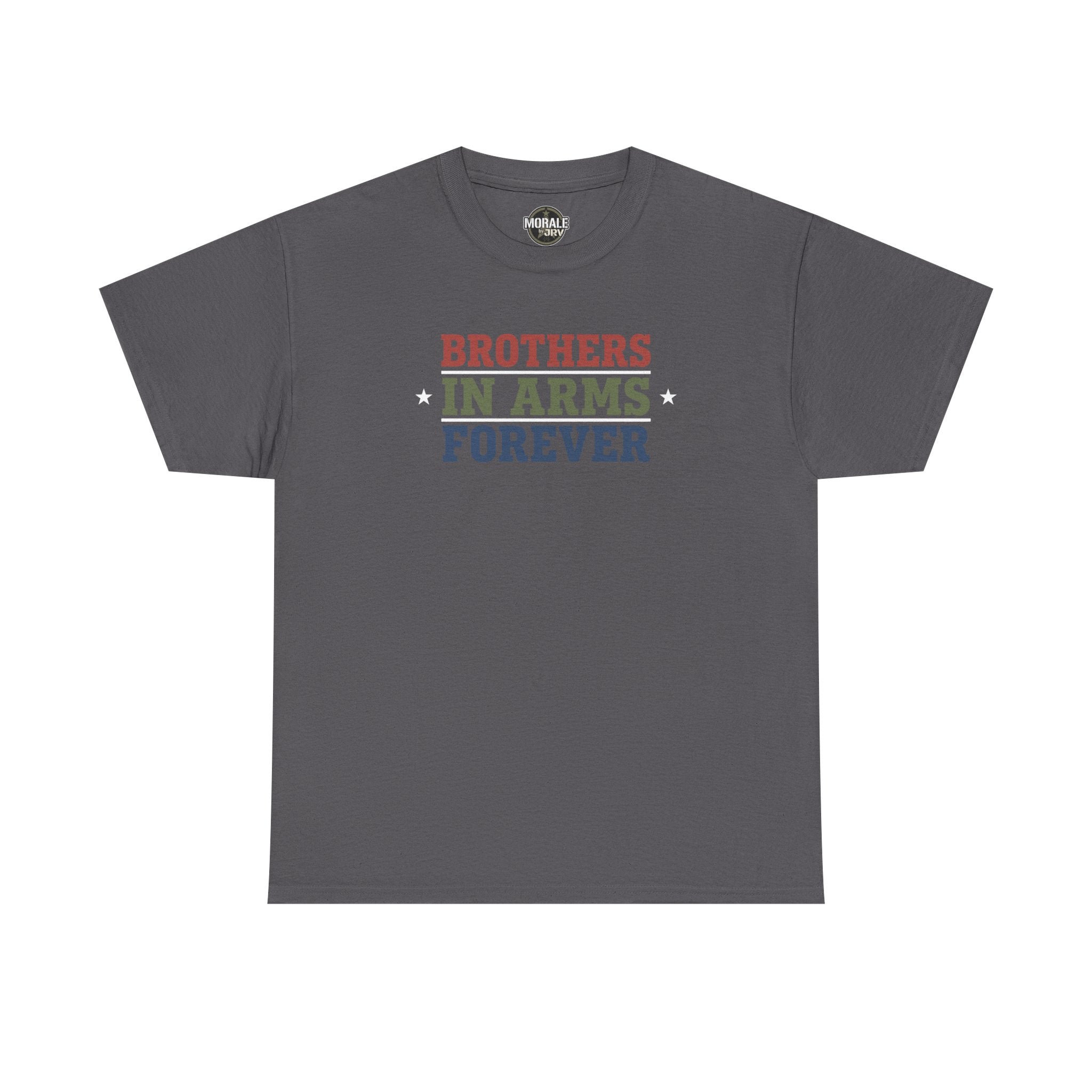 Charcoal T-shirt with 'Brothers in Arms Forever' retro block text and stars