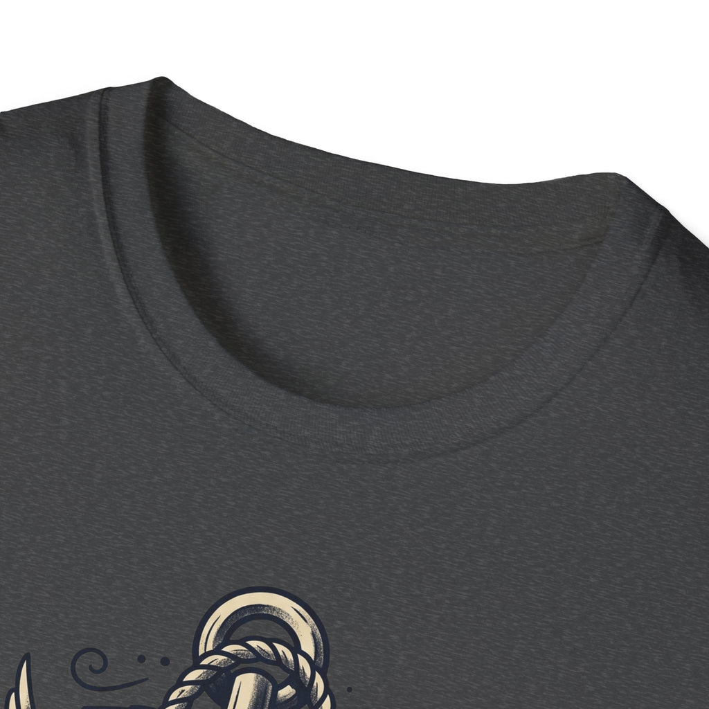 Dark heather crew-neck T-shirt close-up, no visible graphic