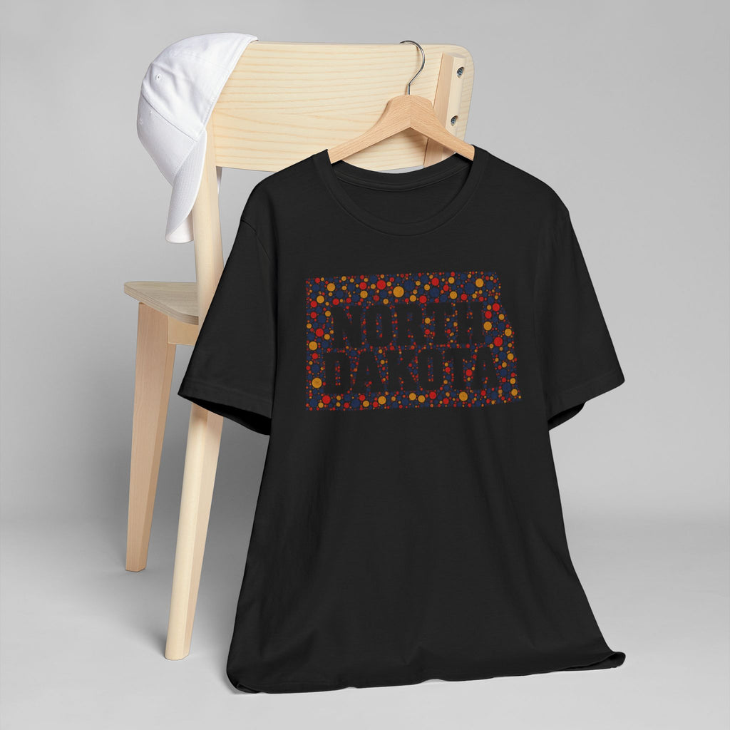 Black graphic t-shirt with colorful North Dakota floral map front print