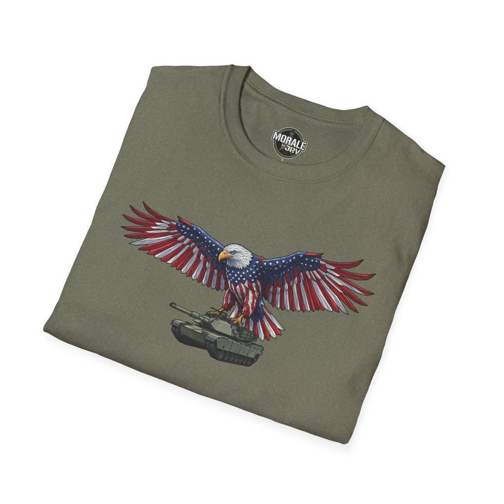 Military green tee front: bald eagle wings with American star pattern and tank