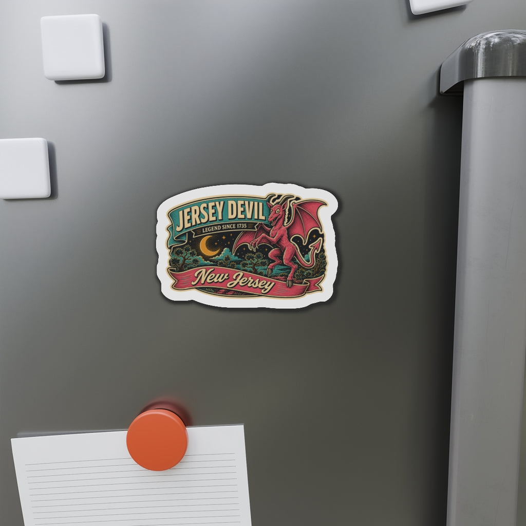 Die-cut Jersey Devil magnet on refrigerator door near sticky notes, small bordered emblem.
