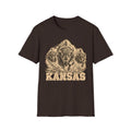 Dark brown Kansas bison graphic T-shirt with front “KANSAS” text