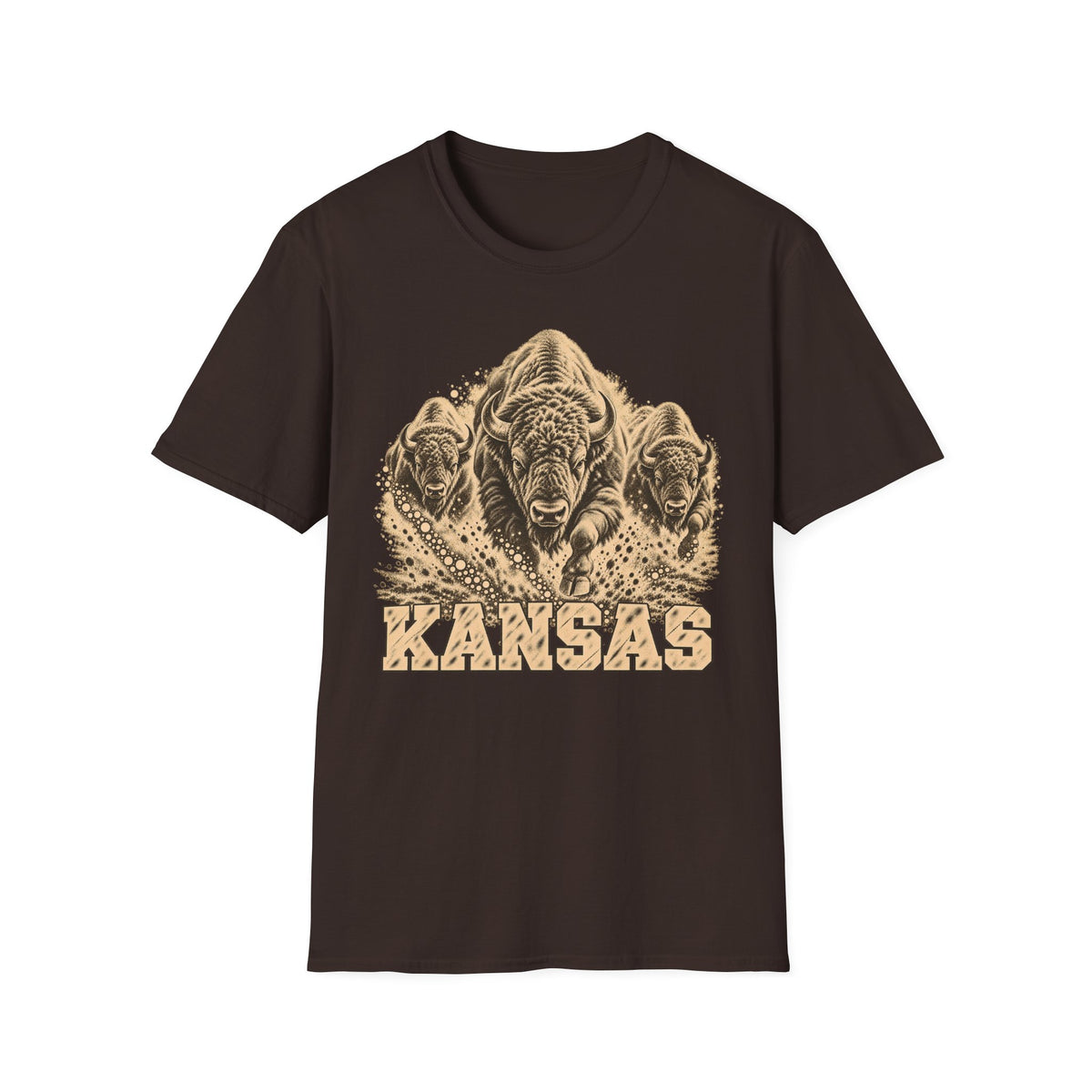 Dark brown Kansas bison graphic T-shirt with front “KANSAS” text