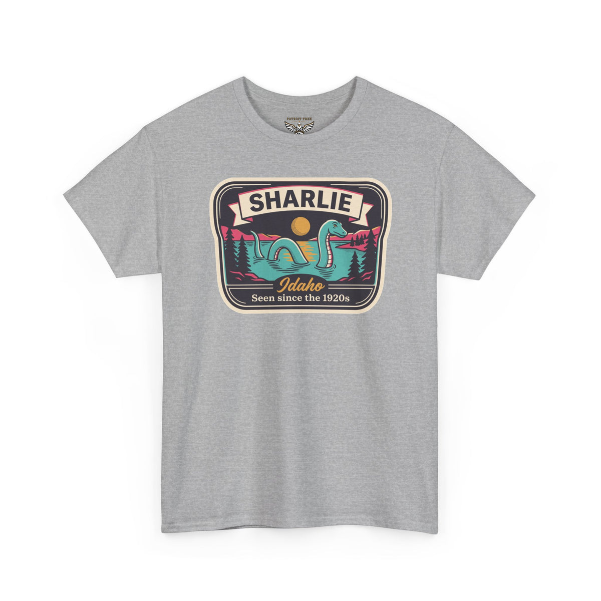 Light gray short-sleeve T-shirt with SHARLIE Idaho vintage landscape patch graphic