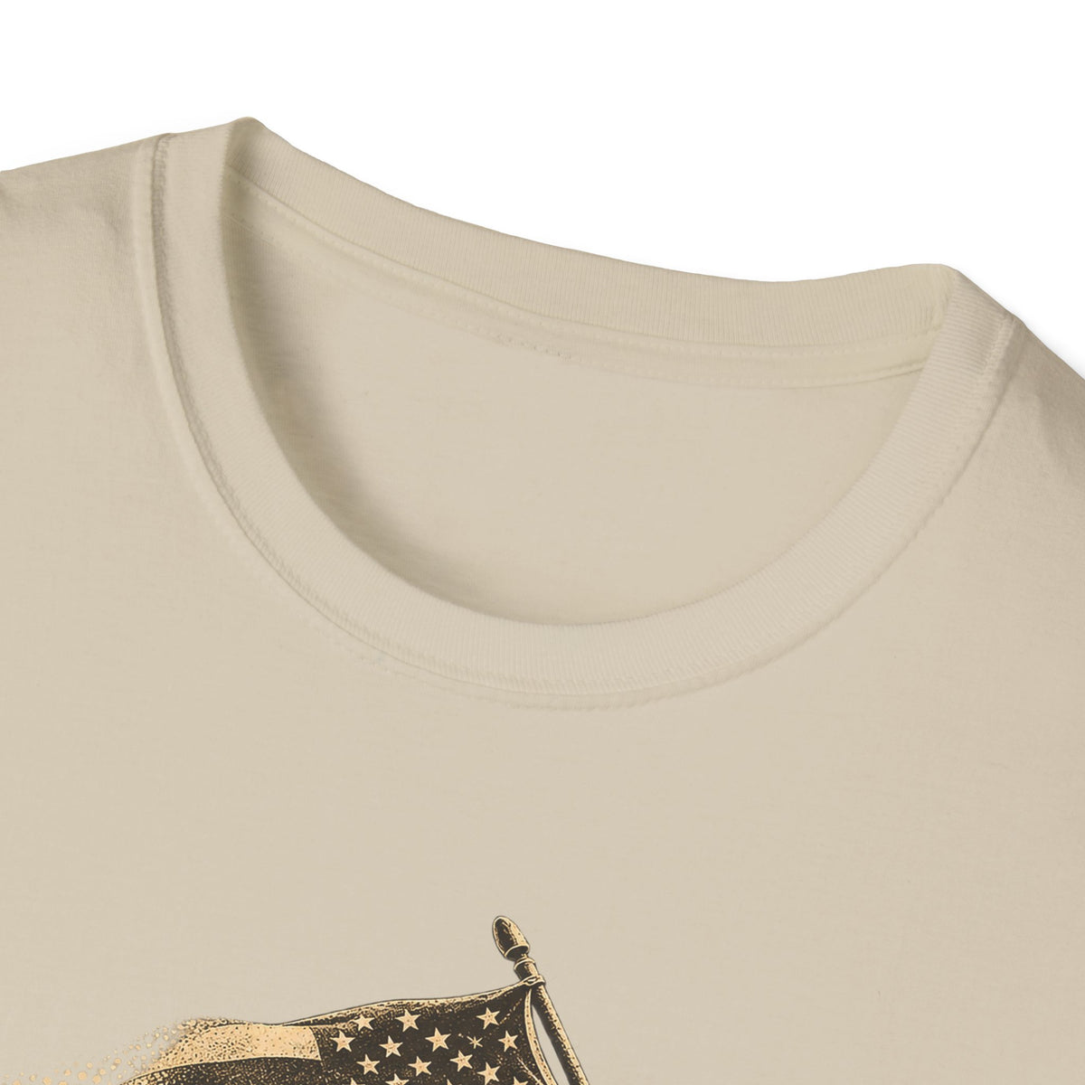 Men's crewneck T-shirt in light tan with patriotic graphic near the chest