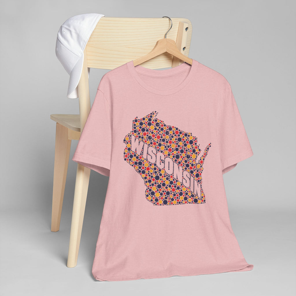 Pink crewneck T-shirt with colorful Wisconsin floral map dot graphic on front