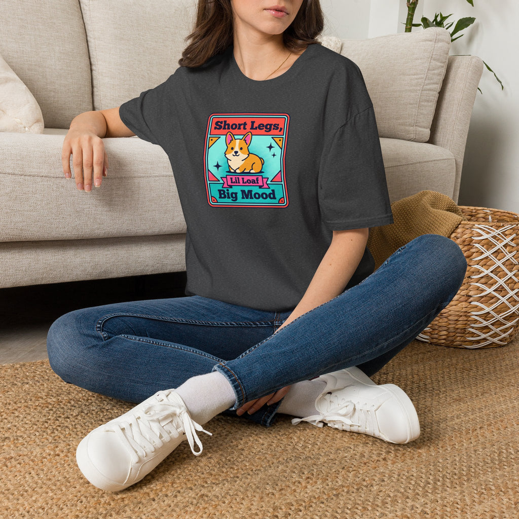 Dark gray short-sleeve T-shirt with framed corgi graphic on chest