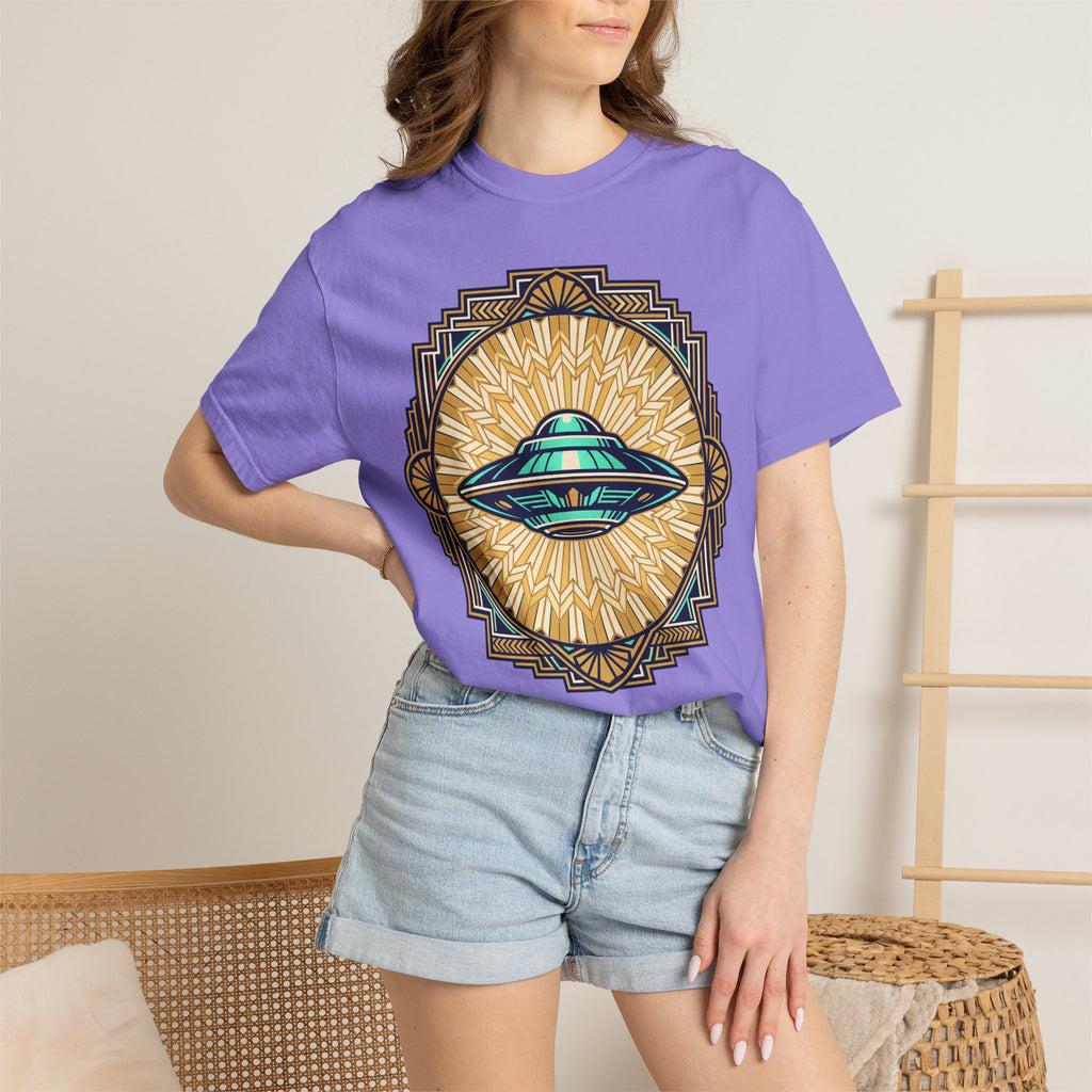 Purple UFO graphic T-shirt with teal flying saucer and sunburst emblem