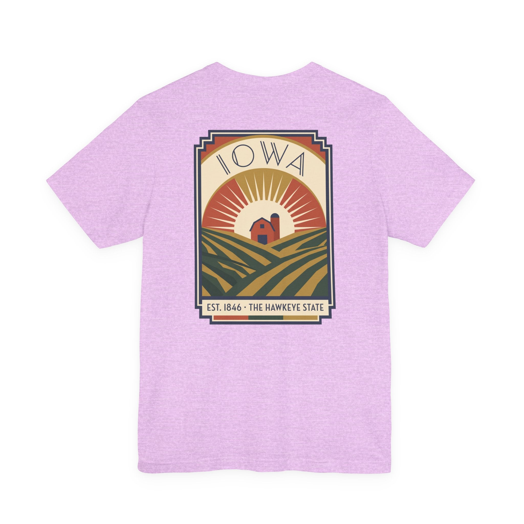 Lilac t-shirt with centered IOWA art deco farm scene graphic