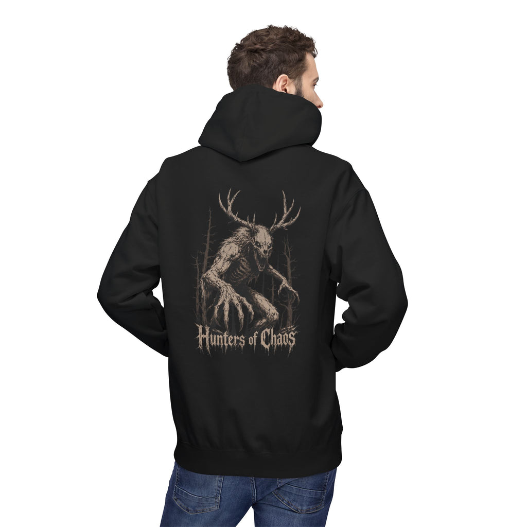 Black midweight hoodie with back antlered hunter graphic from side view