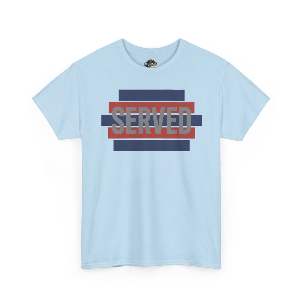 Light blue T-shirt with 'SERVED' graphic in blue, red, and white stripes.