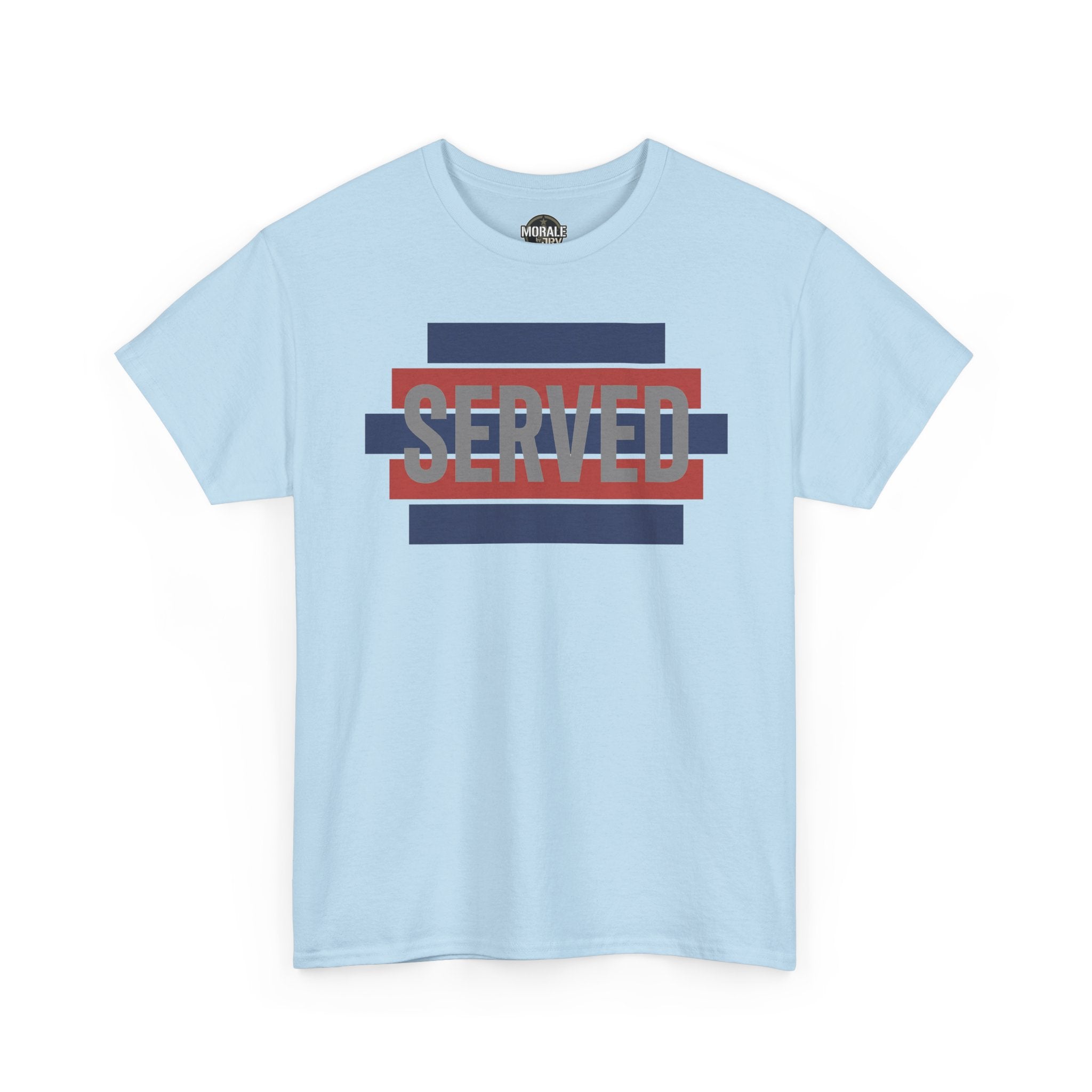 Light blue T-shirt with 'SERVED' graphic in blue, red, and white stripes.